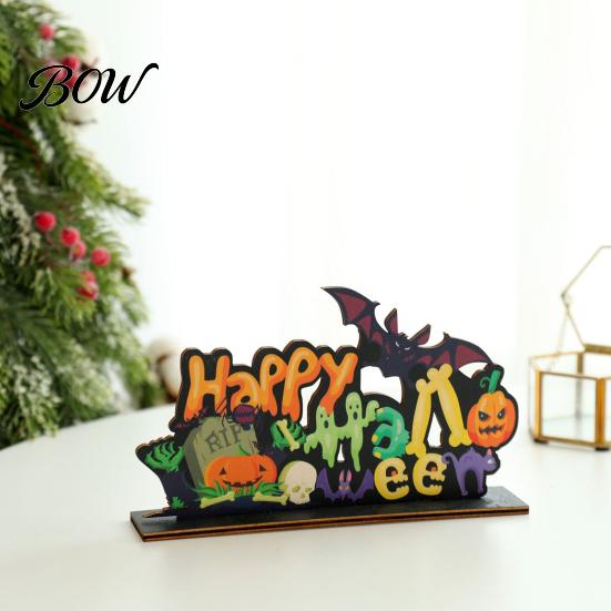 Bat And Pumpkin Tabletop Signs Halloween Wooden Ornaments for Decorations, Stable Base Table Handcrafted Items Centerpiece Home Party Spooky