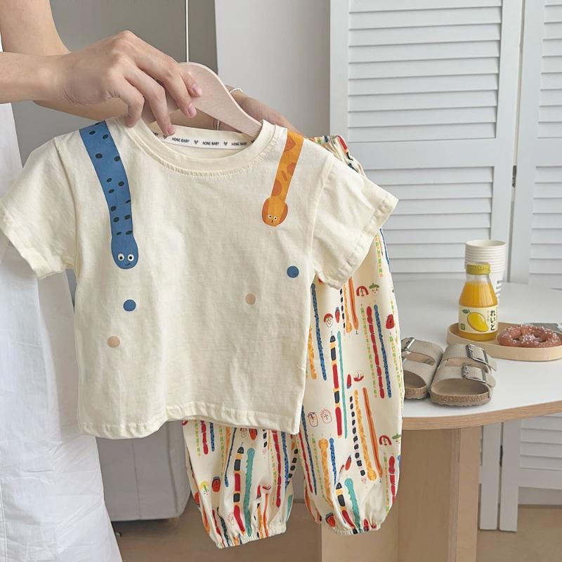 Baby Summer Children's Clothing Boys and Girls Full Cotton Short Sleeve T-shirt+Thin Pants Cartoon Mosquito Pants Two Piece Set