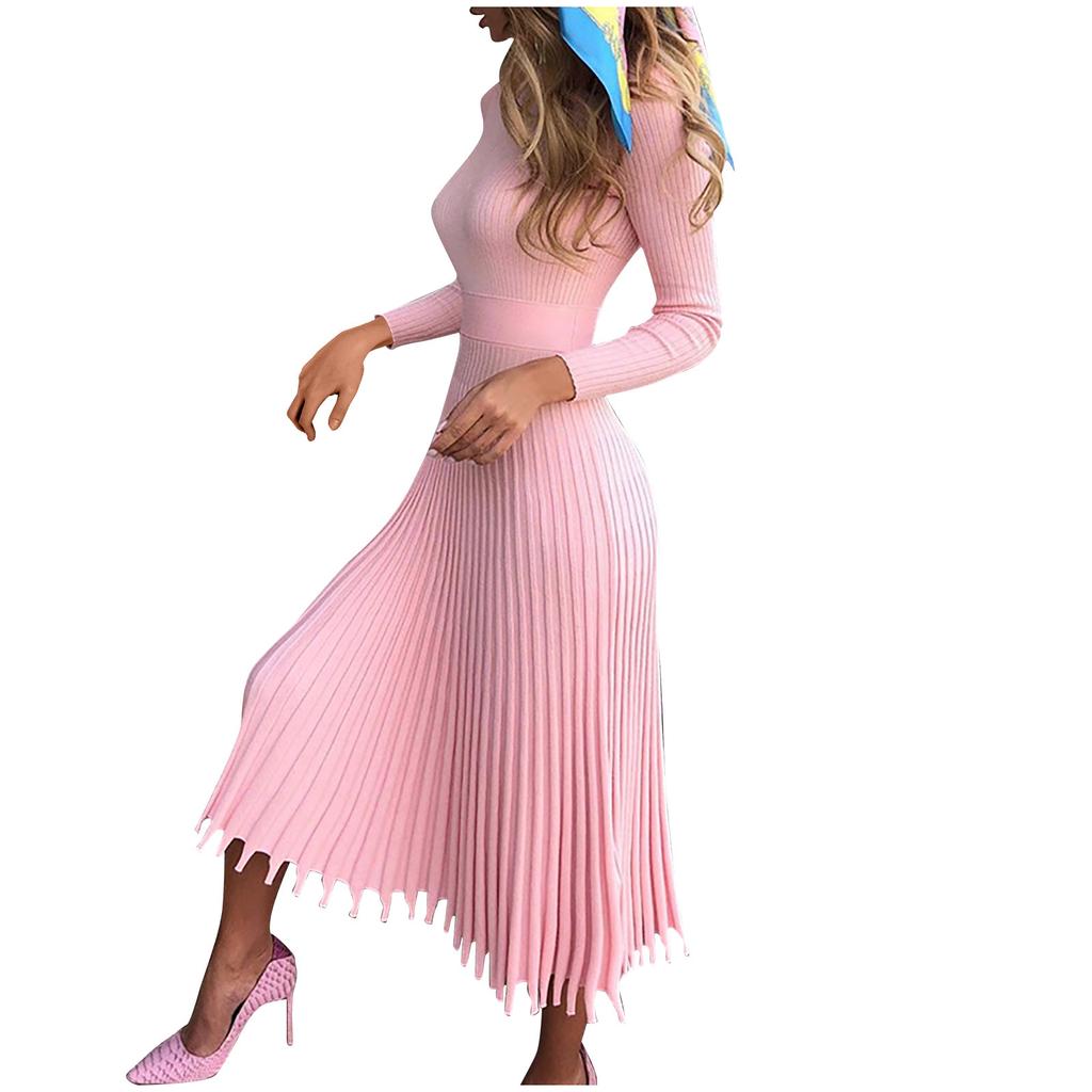Fashion Women Solid Knitted Dress Long Sleeves Bottoming Pleated Dress