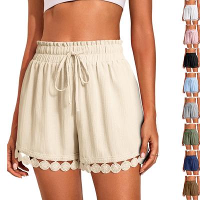 Damen Elastische Taille Shorts Lockerer Schnitt Jogginghosen Unifarben Spitze Besatz Frühling Lässig Strand Kordelzug Kurze Hosen Für Tägliche Urlaubsbekleidung
