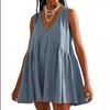Women's V-neck Sleeveless Pleated Vest Pocket Casual Dresses
