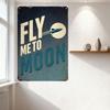 Vintage Space Age Metal Tin Sign, Rusty Retro 'Fly Me To Moon' Design with Rocket & Moon, Nostalgic Wall Art for Man Cave Bar Ho