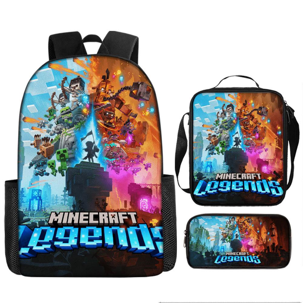 Minecraft Cartoon Print Backpack Set 3-Piece Student School Bag Water-Resistant Large Capacity Unisex