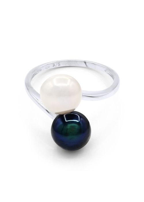 Bague - PERLINEA - Véritables Perles d'Eau Douce 7-8 mm - Or Blanc - Blanc Naturel & Noir Tahiti