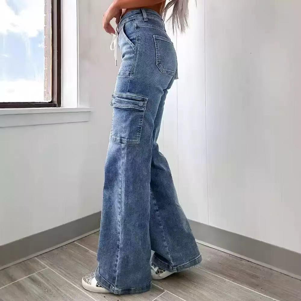 Women's High Waist Drawstring Side Pocket Cargo Wide Leg Denim Pants Fall Casual Stretch Jeans