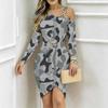 Women Plus Size Cold Shoulder Long Sleeve Pink White Teal Camo Print Irregular Wrap Bodycon Midi Dress