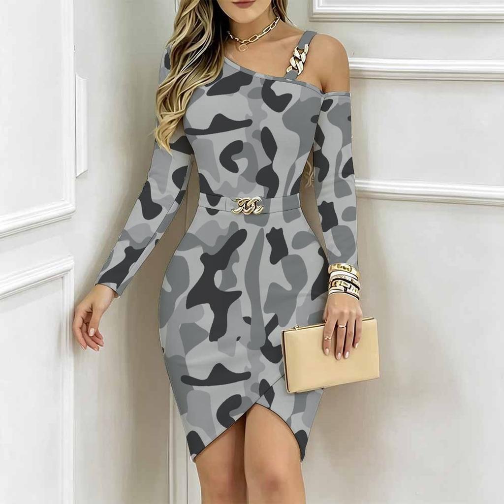 Women Plus Size Cold Shoulder Long Sleeve Pink White Teal Camo Print Irregular Wrap Bodycon Midi Dress