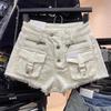 Summer Ladies High Waist Cargo Denim Shorts Frayed Edge Multi Pocket Casual Streetwear Shorts