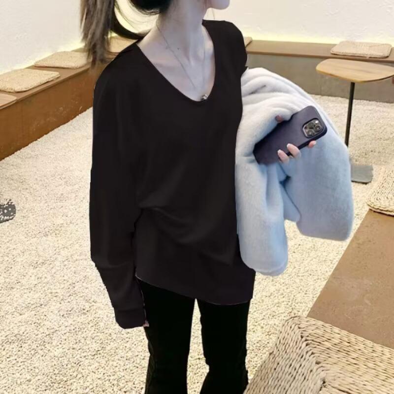 White Long-sleeved Shirt Women's Autumn and Winter Loose Version with Bottoming Shirt German Velvet Lazy Medium and Long Neck Top