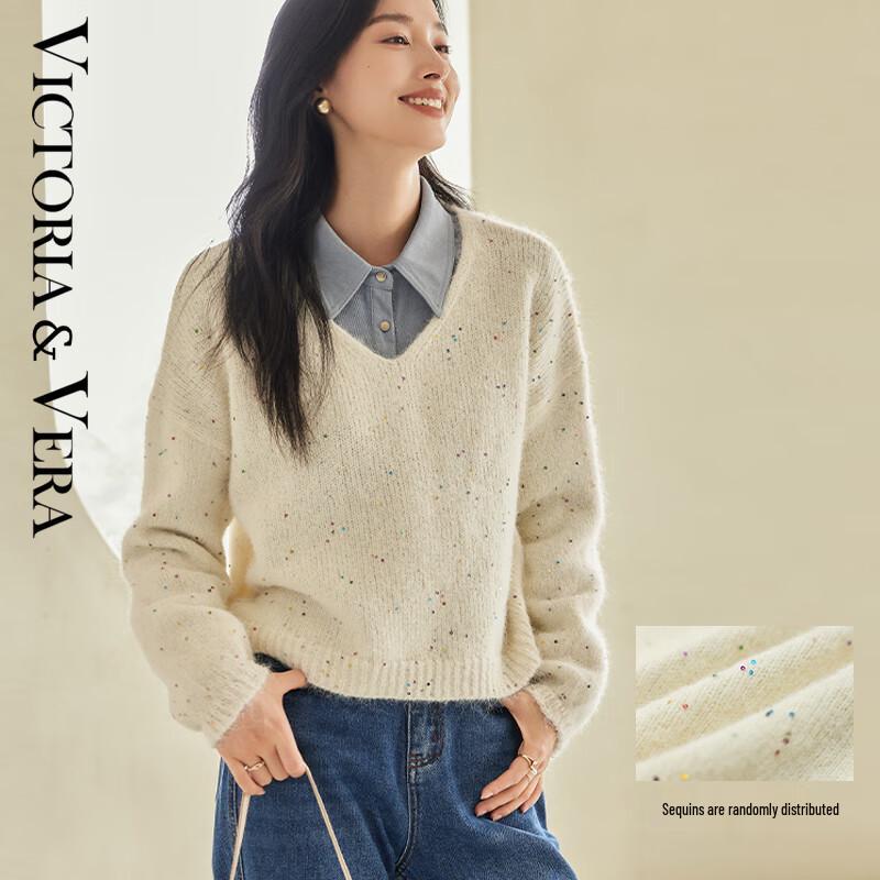 

VICTORIA&VERA Women s Sequin Dot V-Neck Knit Sweater L