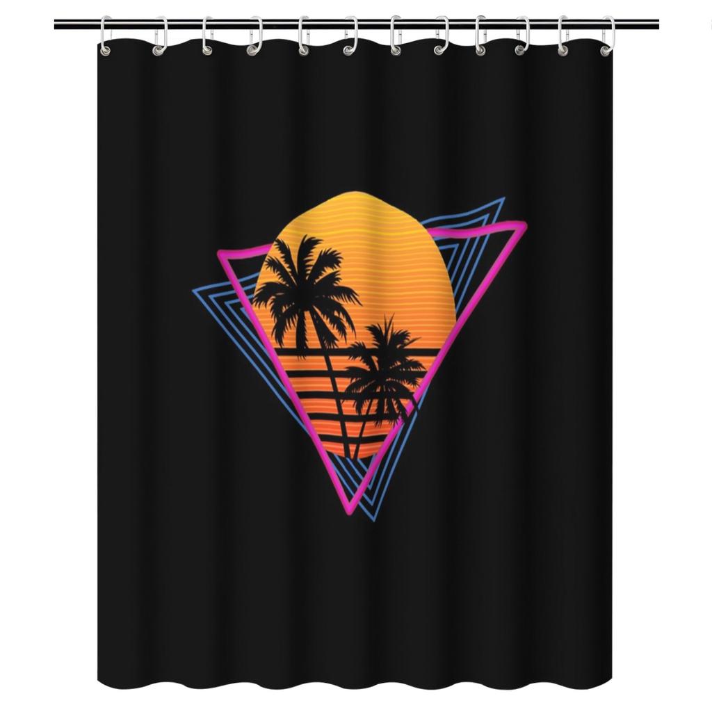 Retro 80S Synthwave Shower Curtain – Neon Palm Tree Design, Pink Cyan Black, Machine Washable, Hooks Included
