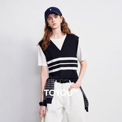 Women's Linen-Feel Knit Striped Short Sleeve Fake Two-Piece Top