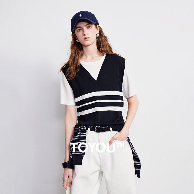 Women s Linen-Feel Knit Striped Short Sleeve Fake Two-Piece Top S