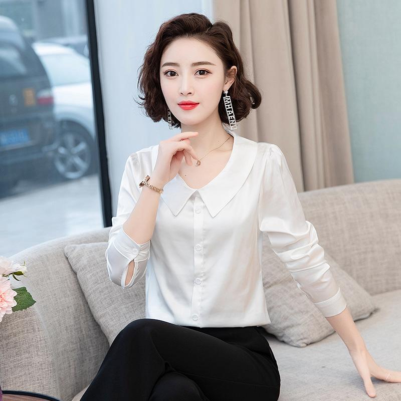 Camisa de satén de manga larga con cuello de muñeca para mujer, color rojo, versátil y moderna, para otoño