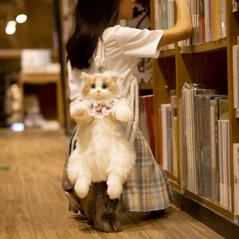 Handmade Unique Ragdoll Cat Shape Backpack Plush Animal Cat Realistic Fashion Gifts for Girls and Cat Lovers Christmas Gifts Valentine's Day Gifts