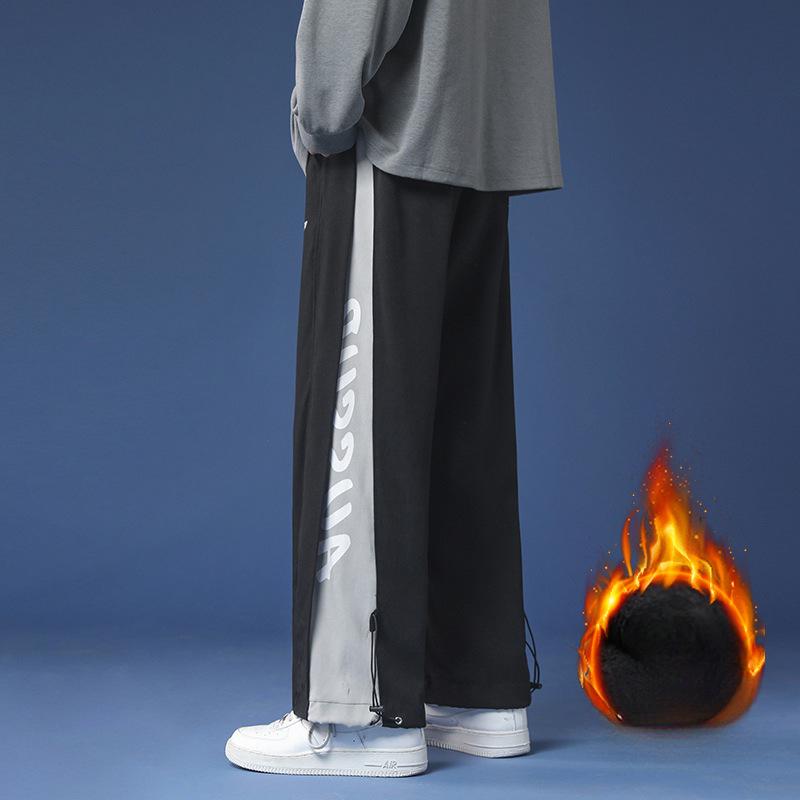 

Зимние плюшевые утепленные повседневные брюки для мужчин-подростков в гонконгском стиле, свободные прямые спортивные брюки, парный стиль, большой размер 5XL