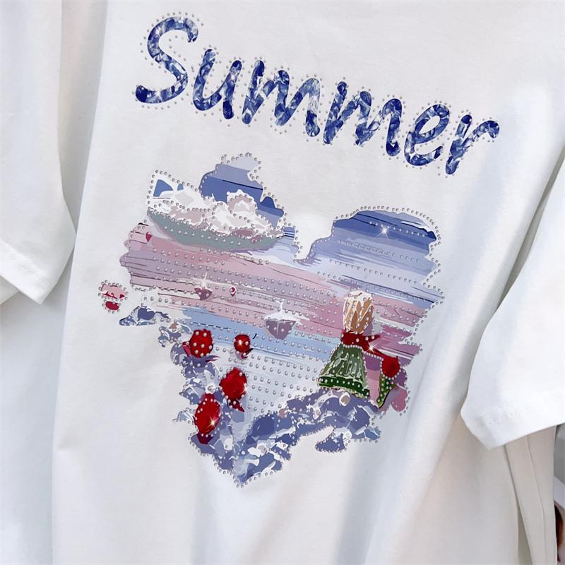 Women's Plus Size Slimming Loose Fit Mid-Length Round Neck Short-Sleeve T-Shirt (Sizes 200/300/350 Jin)