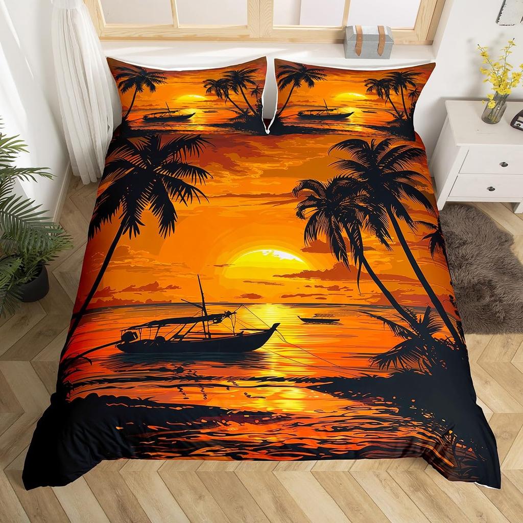 Comforter Coconut Trees Vintage Red Flower Hawaiian Tropical Leaves Comforter Palm Tree Bedding Set With