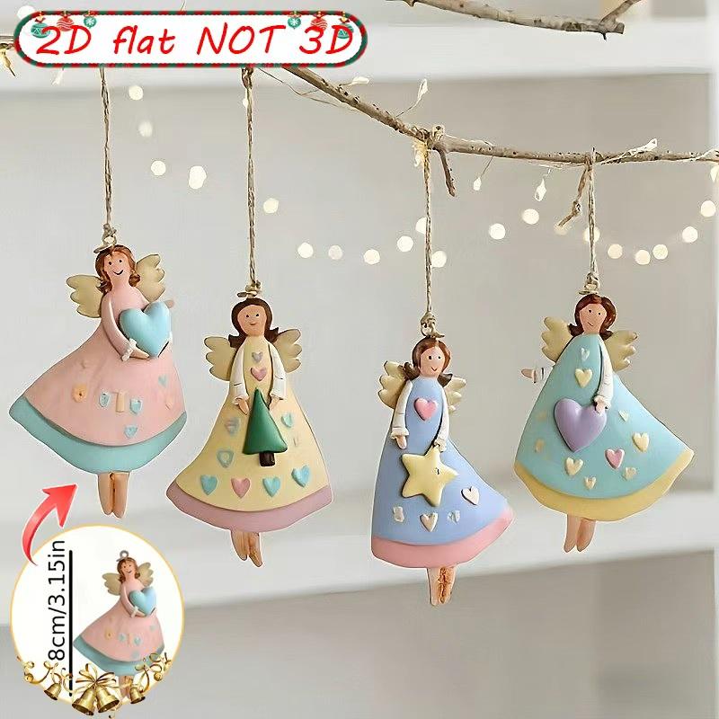 4 SZT. Vintage Drewniane Ozdoby Aniołków Ręcznie Robione Dekoracje na Choinkę Wielokolorowe Wiszące Prezenty do Domu Biura na Przyjęcie
