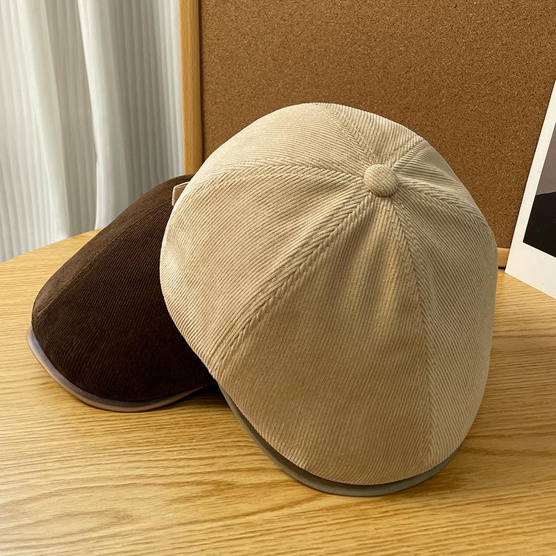 Women's Reverse-Wear Beret for Spring and Autumn, Japanese Retro Solid Color Striped Cap, Face-Slimming Versatile Painter's Newsboy Hat