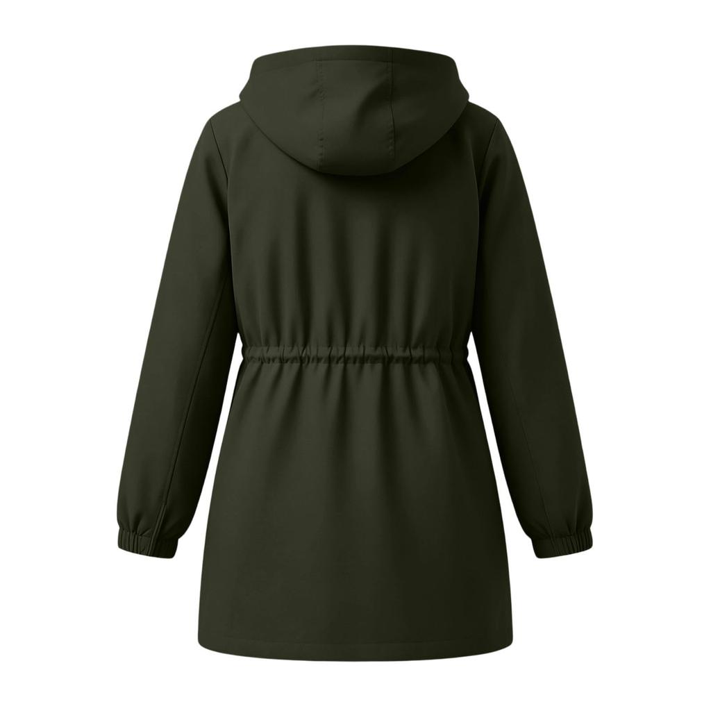 Damen Kapuzenjacke Mittellang Lässiger Lockerer Schnitt Windbreaker Mantel mit Verstellbarem Bundzug und Druckknopfleiste vorne