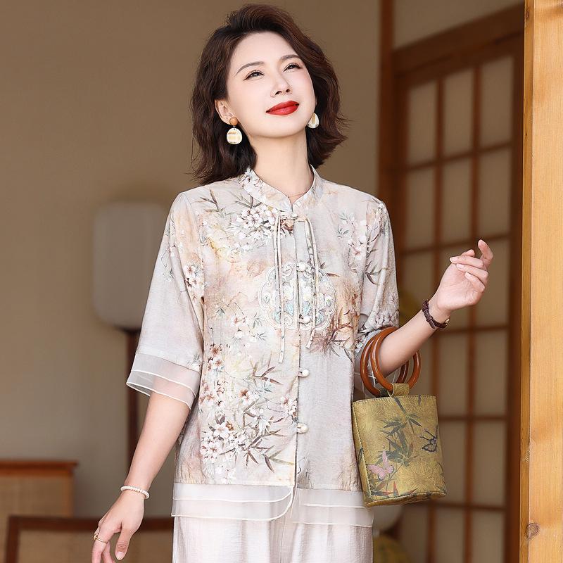 

Elegant Chinese Style Summer Set: Mid-Sleeve T-shirt & Casual Pants for Middle-Aged and Elderly Women 5XL хакі