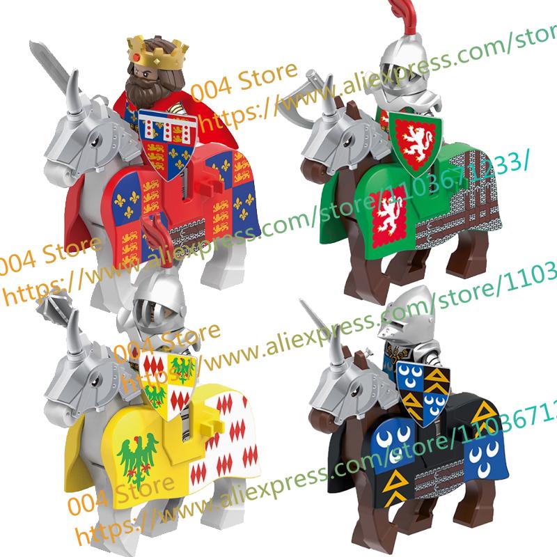 N501U-504U Medieval Castle Knight Building Blocks Figures Four Side UV Printing King Warhorse Weapons Accessories Toys Kid Gifts