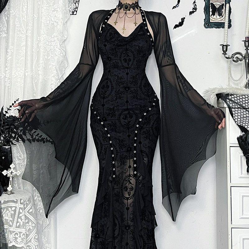 

Cf25154 Dark Style Batwing Sleeve Mesh Sun Protection Cover-Up 2025 New Subculture Fashion Versatile Cardigan Black S
