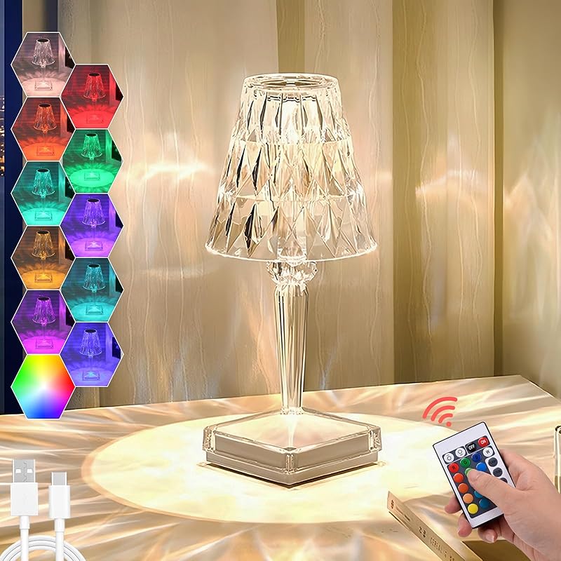 Crystal Table Lamp,RGB Changing Touch Table Lamp with Remote Control,USB Rechargeable Crystal Bedside Lamp,LED Cordless Desk Lamp for Bedroom/Living