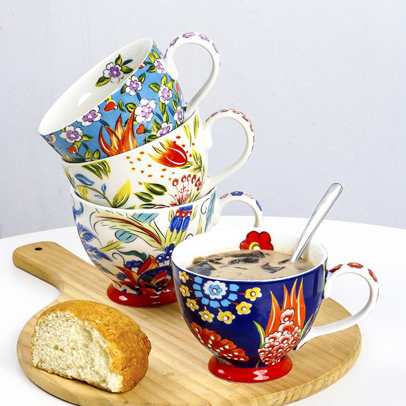 European and American customers hand-painted ceramic breakfast cup large capacity coffee cup mug underglaze color cup oat personalized relief