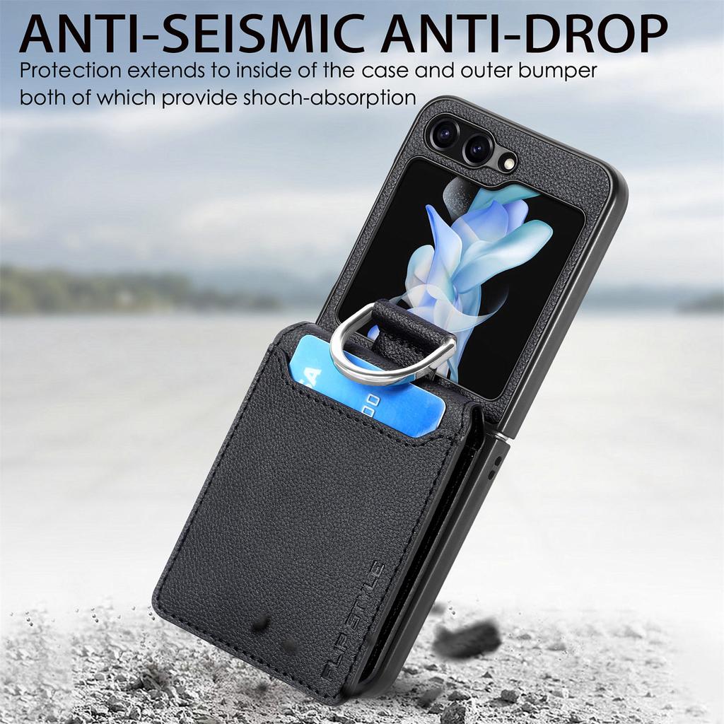 For Samsung Galaxy Z Flip6 5G Phone Case Card Slot Kickstand PU+PC Cover with Finger Ring