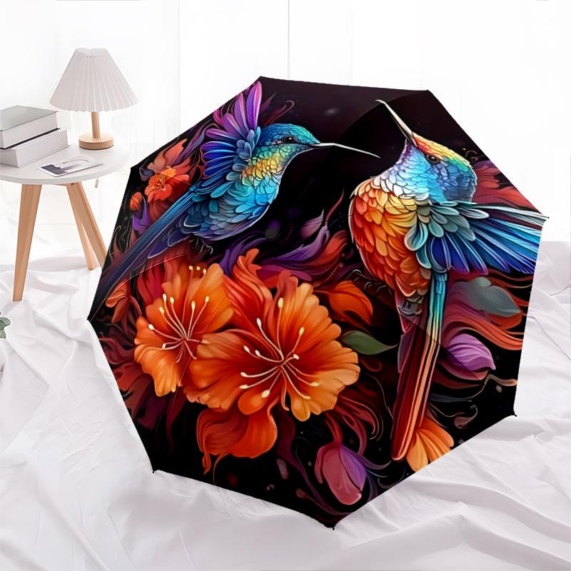 1pc Colorful Hummingbirds Amidst Vibrant Flowers Durable Cartoon Folding Umbrella,Compact Umbrella for Men and Women, Suitable for or Daily Use.N018
