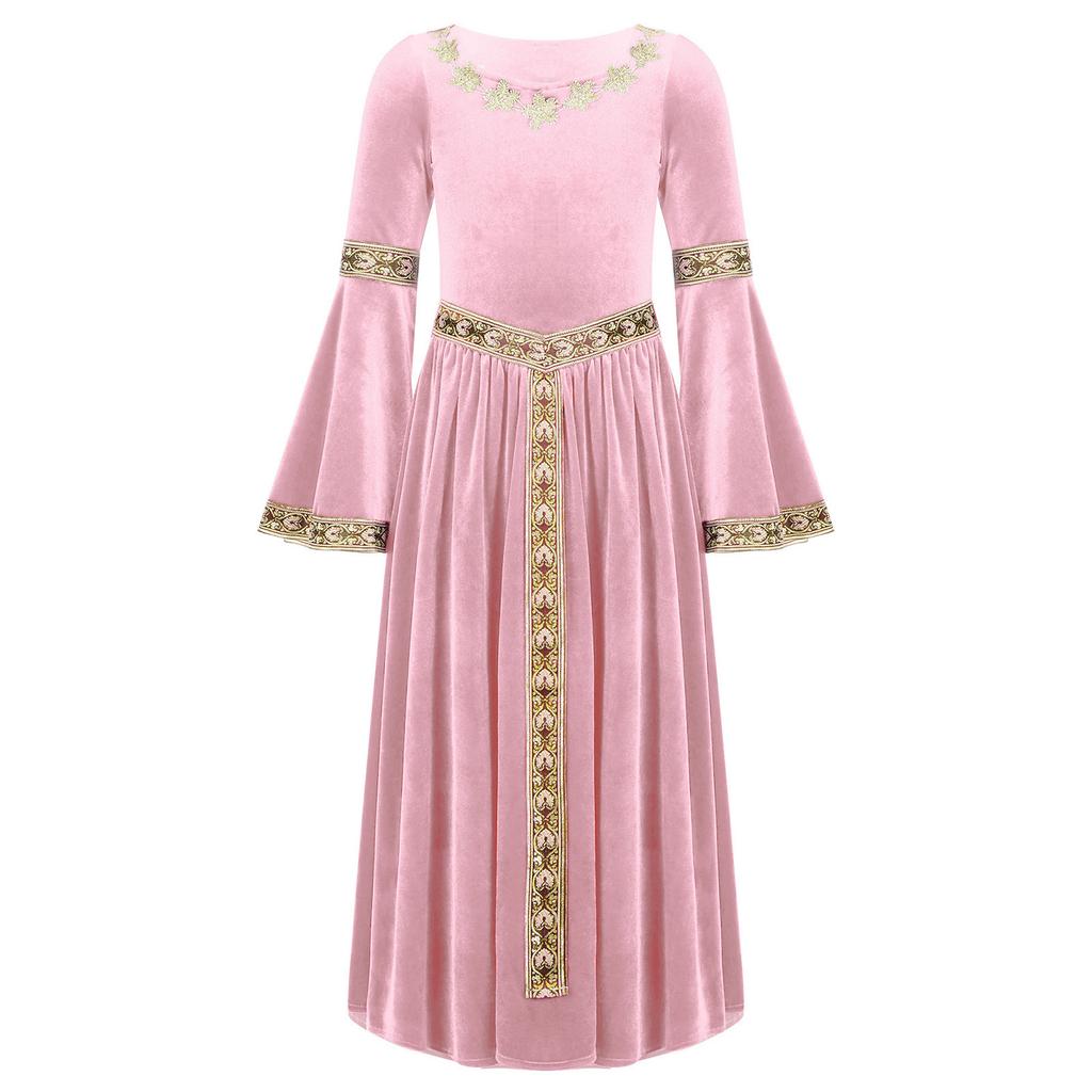 Girls Medieval Princess Velvet Dress Long Flare Sleeve Retro Patterned Band Dress Up Costume Royal Party Gown
