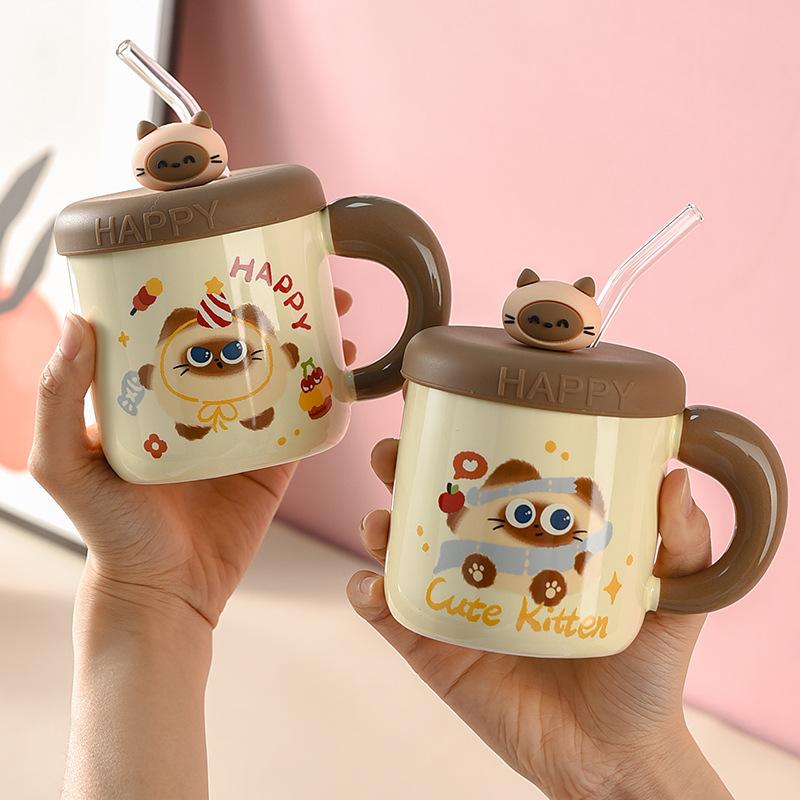 Kitten Couple Ceramic Mug with Lid Cup with Straw Water Cup Female Office Worker Cute Student Drinking Water for Home Use