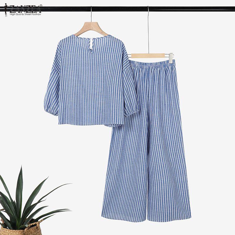 ZANZEA Women Half Sleeve Blouse and Pants Casual Stripe Print Two Piece Suit Sets