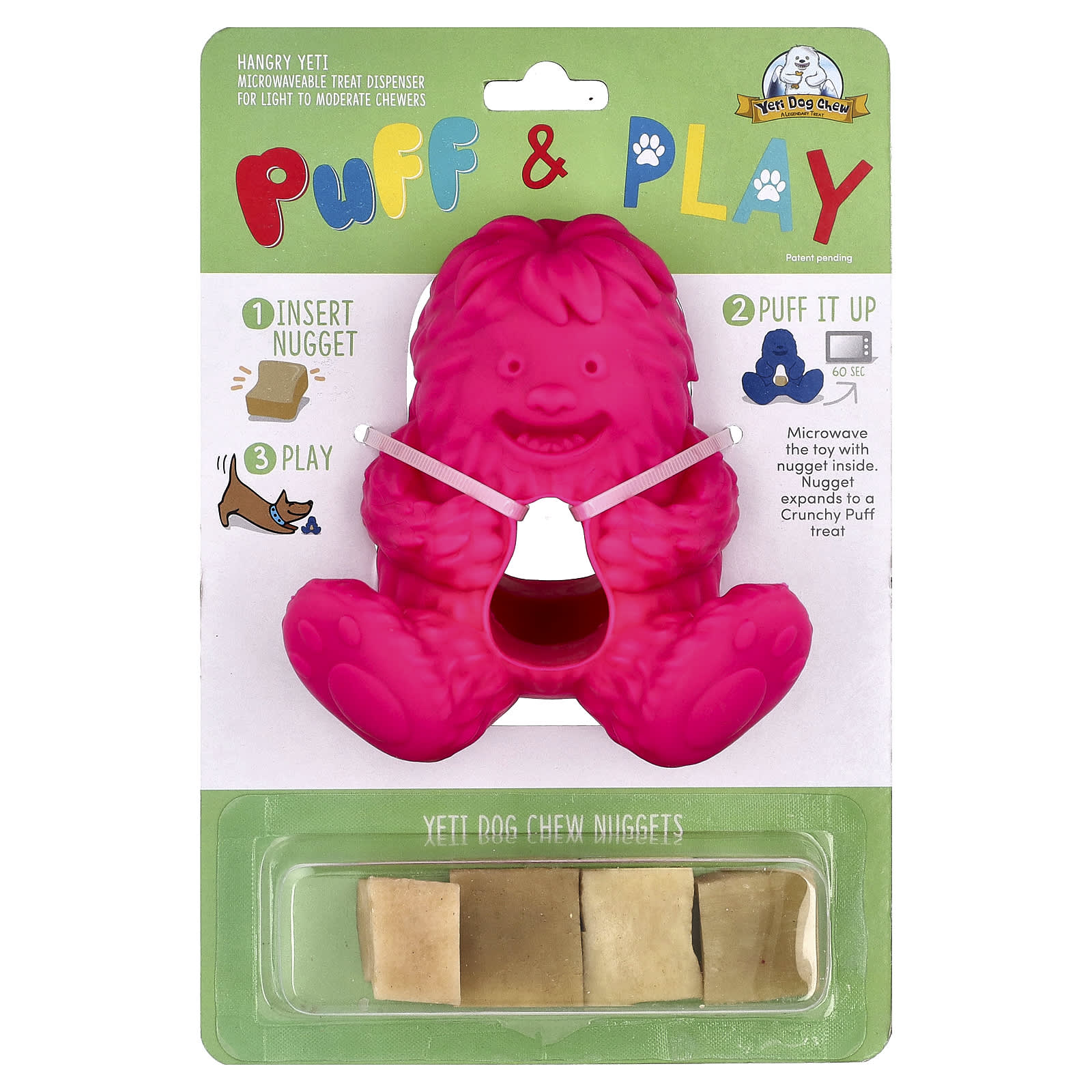 

Yeti Dog Chew, Puff & Play, Treat Dispenser, Yeti Dog Chew Nuggets, Pink, 4 Nuggets, 1 Dispenser