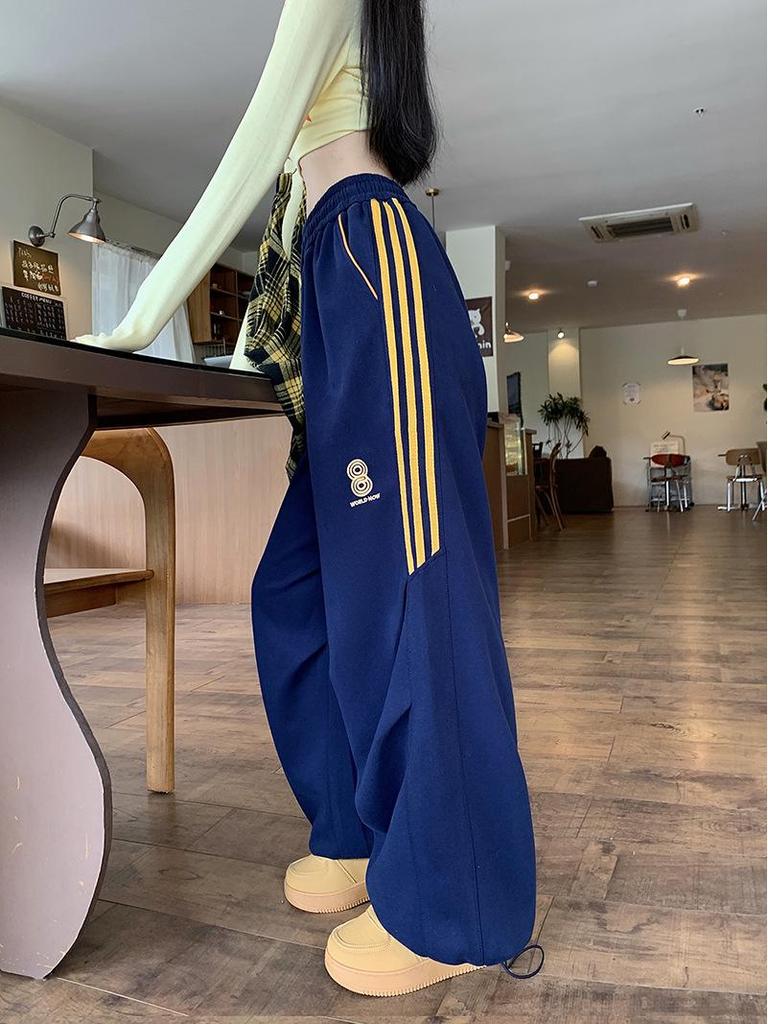 Women's Navy Three-Stripe Wide-Leg Track Pants - Spring/Autumn Casual Loose Fit