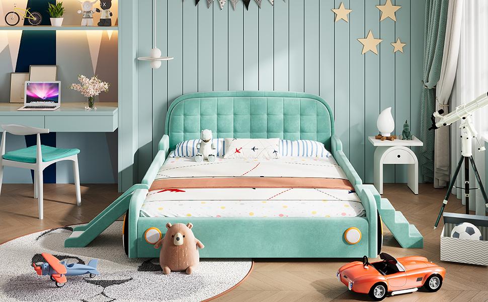 Letto, Letto a Forma di Macchina con Scivolo e Scala, Montabile Sinistra/Destra, Letto Imbottito in Turchese, Letto Gioco con Protezione anticaduta per Cameretta dei Bambini, 140x200 cm