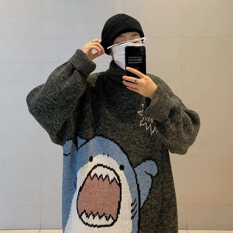 Men Turtlenecks Shark Sweater Men 2026 Winter Patchwor Korean Style High Neck Oversized Turtleneck for Men