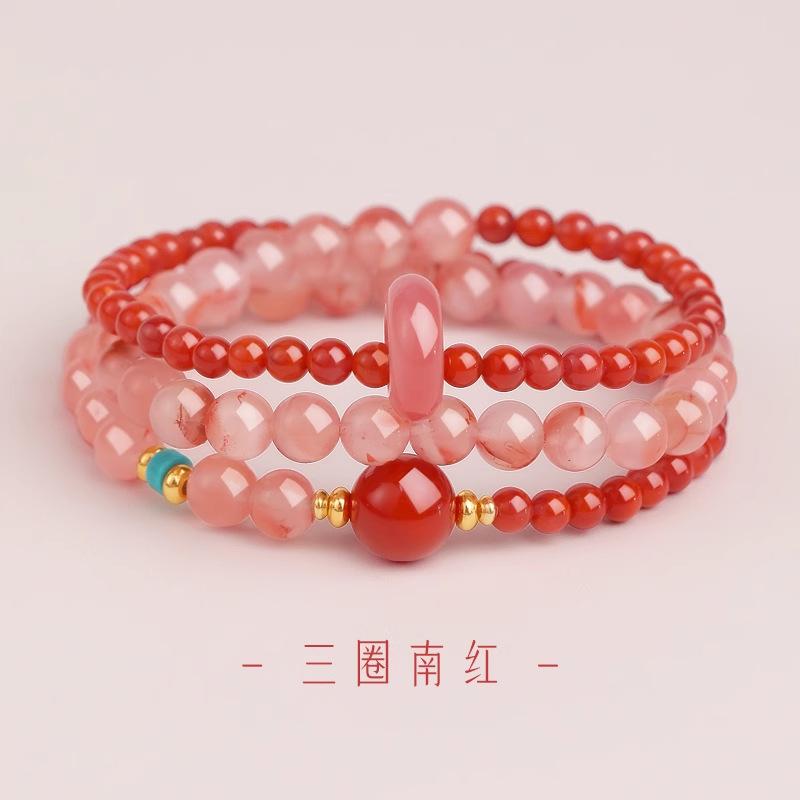 Pulseira de Duplo Anel Nanhong de Carne Inteira da Montanha Putuo Cristal Natural Empilhável Multi-círculo Pulseira de Contas da Sorte Presente para Namorada