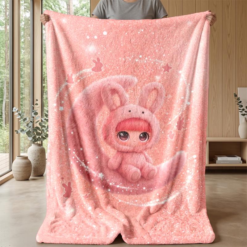 Cute Rabbit on Moon blanket Personalized Name Flannel Blanket Soft Cozy Plush Throw for Sofa Bed Lightweight Home Decor