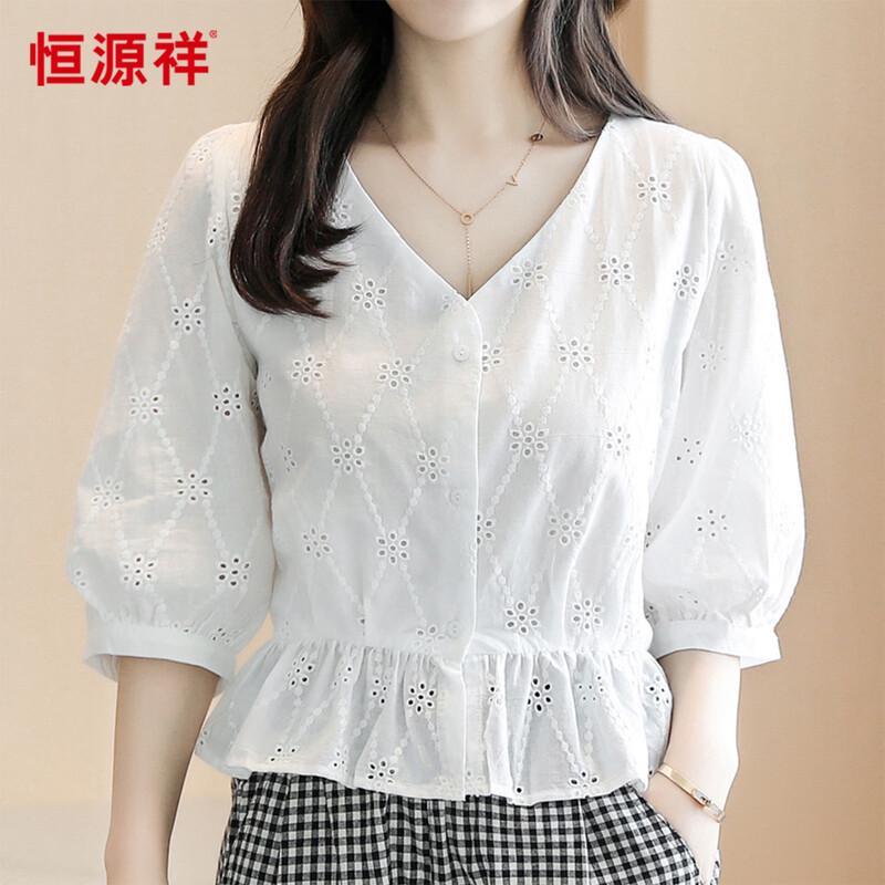 Hengyuanxiang Women s V-Neck Mid-Sleeve Cotton Shirt L