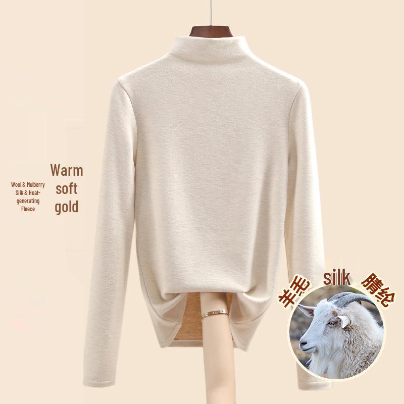 Women's Mulberry Silk Wool Fleece-Lined Warm Base Layer, Mid-High Neck, Autumn/Winter 2025 Collection