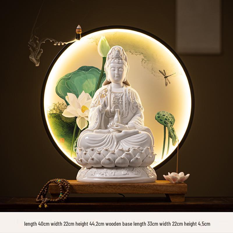 White Ceramic Lotus Guanyin Buddha Statue Incense Burner with Lamp for Home Decor