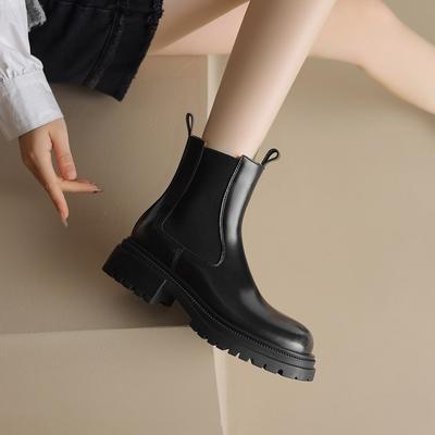 Fashion Women's New Autumn/Winter Round Head Genuine Leather Cowhide Elastic Mid Heel Thick Bottom Large Leg Chelsea Short Boots