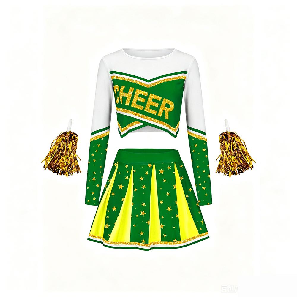 Zombie Cheerleading Uniform Women's Long-sleeve Cheerleader Performance Top Short Skirt Pom-pom Halloween School Student Costume