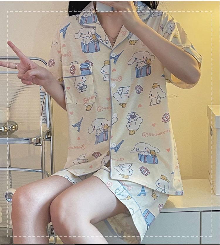 GMXIA High-quality Cotton-like Cute Cardigan Short-sleeved Student Pajamas for Women, Sweet Summer Style for Women's Home Wear