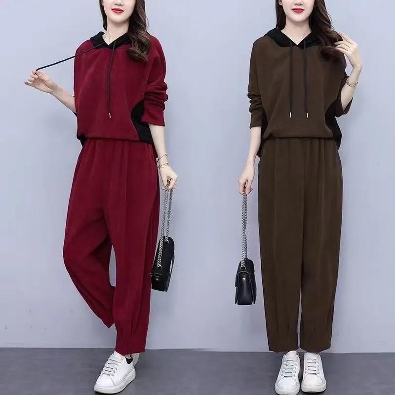 Plus Size Casual Hooded Fashion Suit Autumn Corduroy Large Size Fat Mother Slim Casual Two-piece Suit