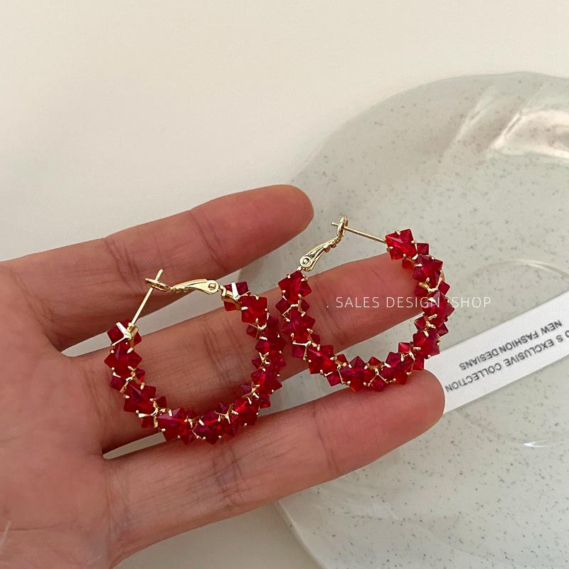 Korean Style Red Zirconia Hoop Earrings - Sparkly, Luxurious, Fashionable, and Versatile Accessories for Women