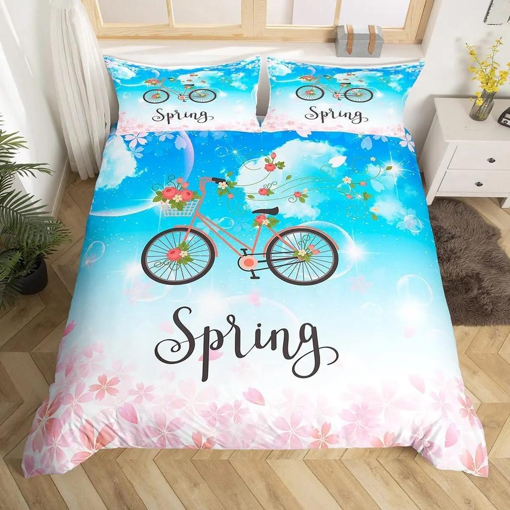 Girls Butterfly Duvet Cover Set Kids Floral Bicycle Bedding Set Fantasy Animals Comforter Cover Flower Bike Spring Bedclothes